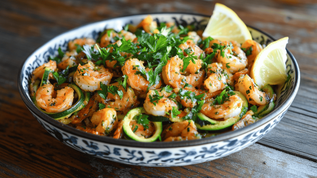 A bowl of zucchini noodle scampi garnished with parsley and lemon wedges