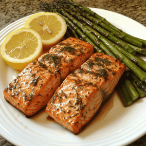 Salmon fillets served with asparagus and lemon garlic sauce on a white plate