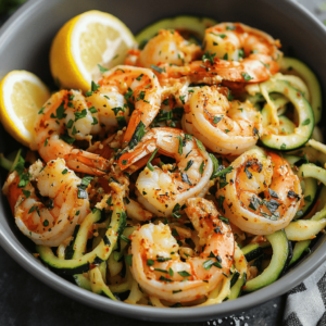 Spicy shrimp scampi over zucchini noodles with parmesan cheese and chili flakes, garnished with lemon