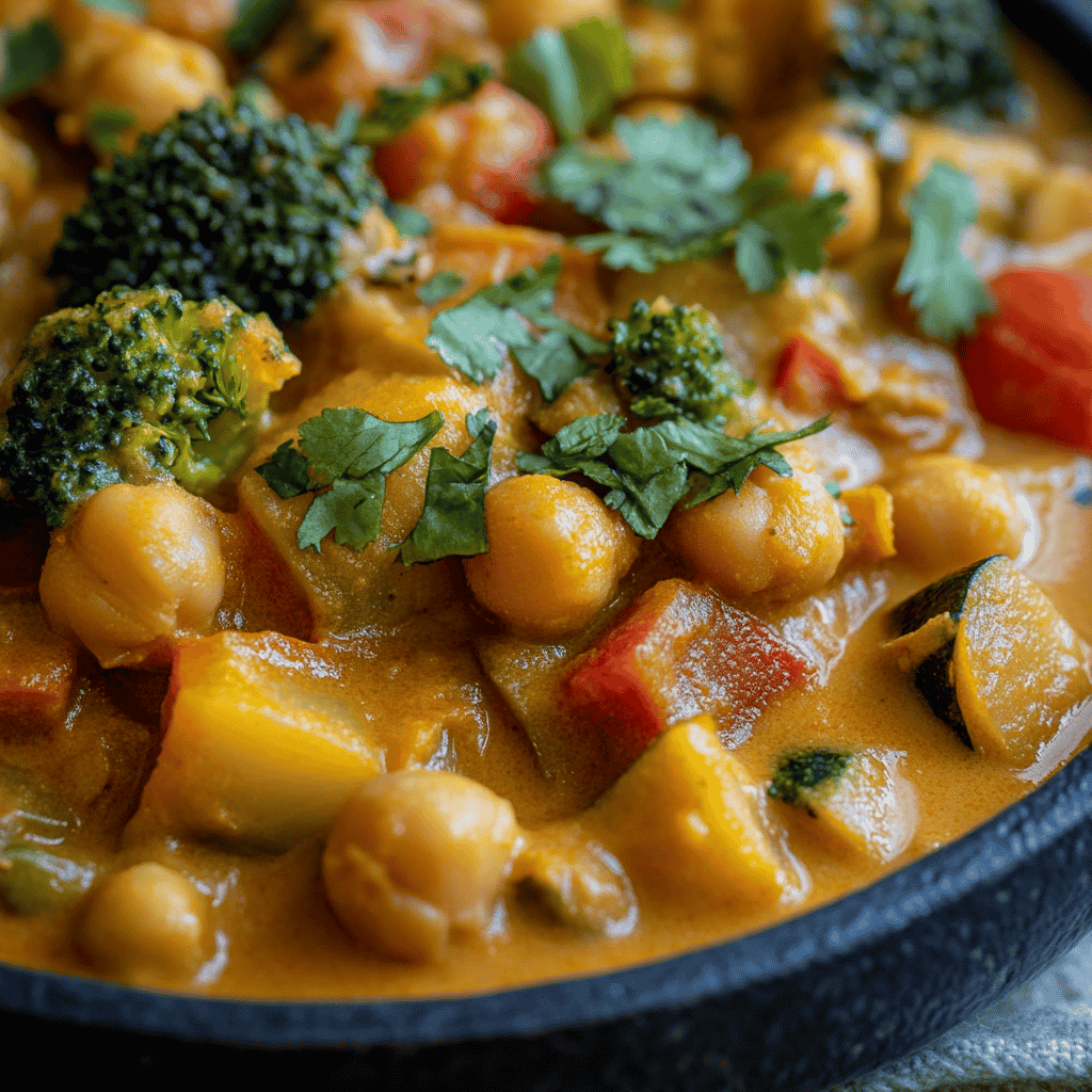 Close-up of creamy vegetable curry with vibrant vegetables.