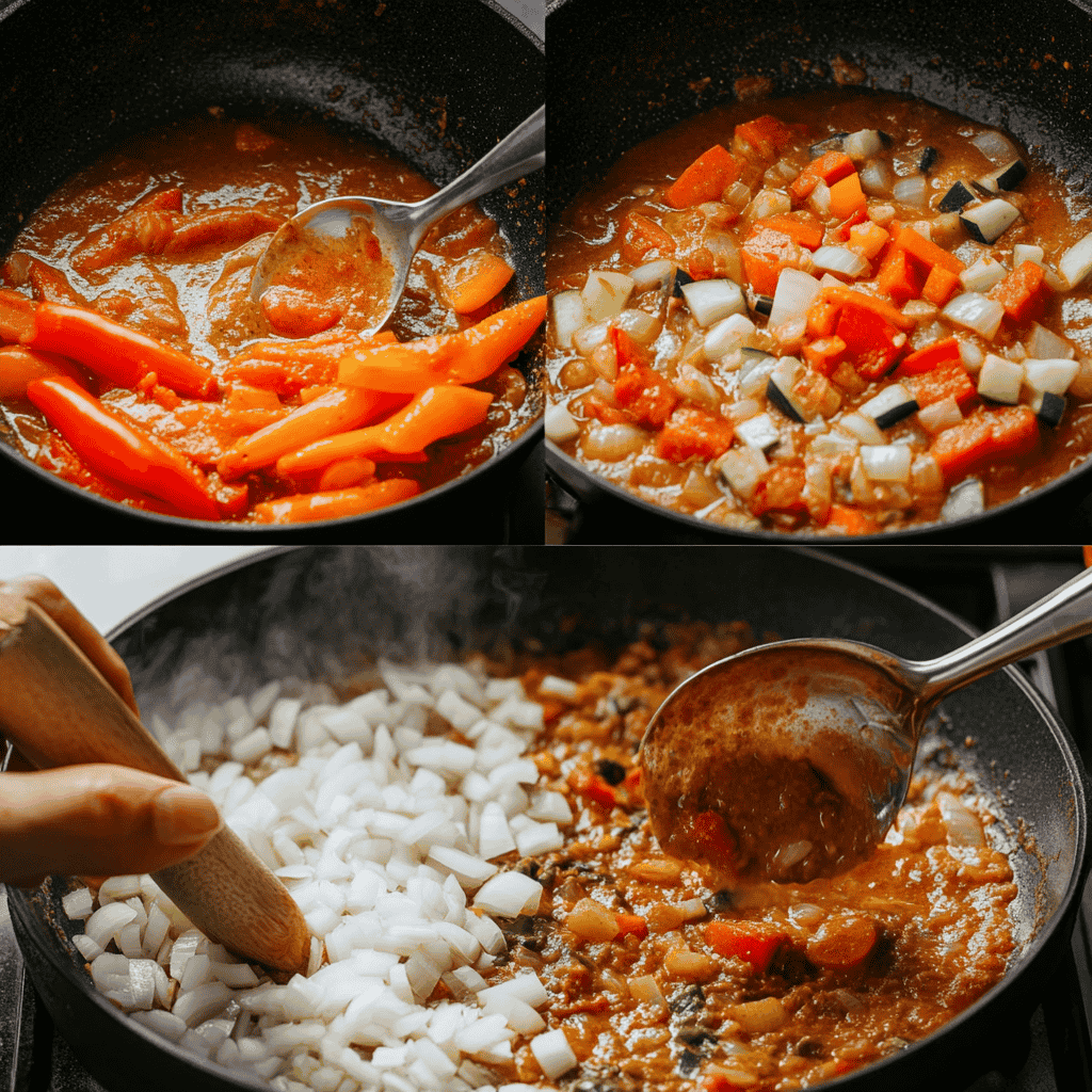 Step-by-step preparation of vegetable curry in a skillet.