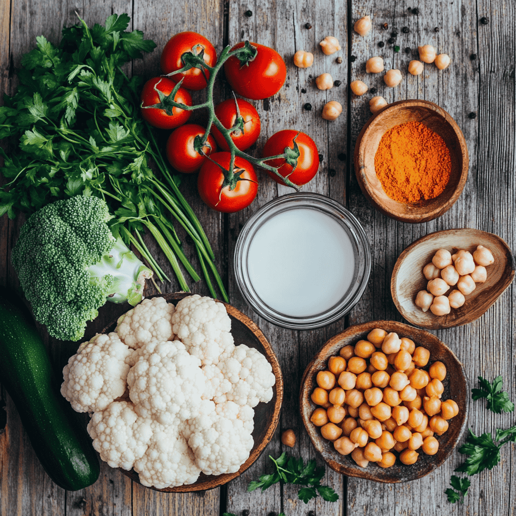 Fresh vegetables, coconut milk, and spices for a vegetable curry.