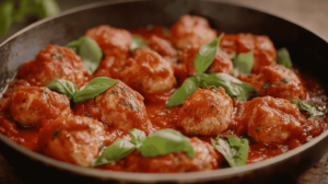 A skillet of turkey meatballs simmering in homemade marinara, garnished with fresh basil.