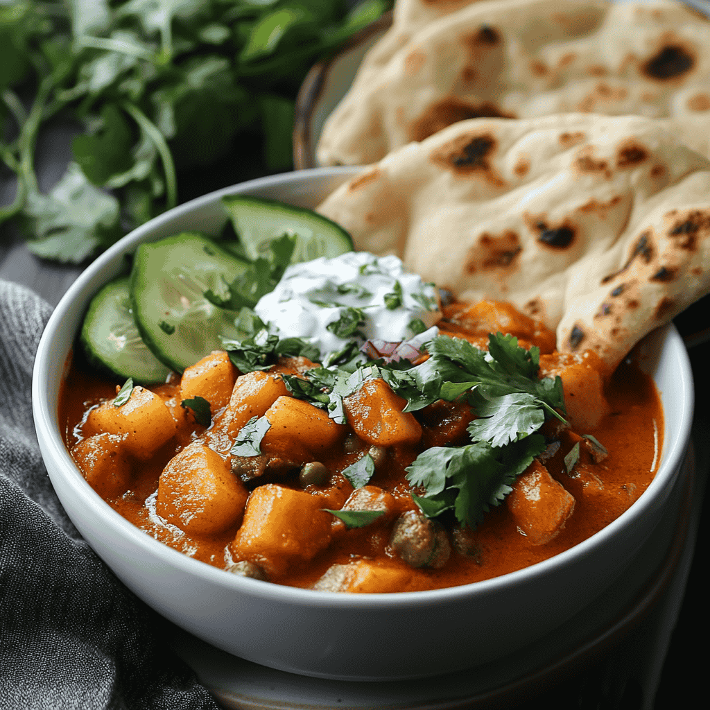 A bowl of vegetable curry served with naan and garnished with cilantro and lime.