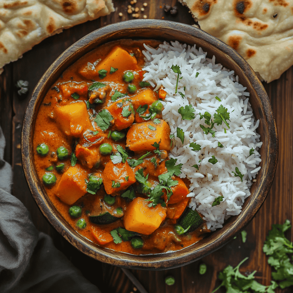 A bowl of vibrant vegetable curry served with white basmati rice, garnished with fresh cilantro, alongside naan bread.