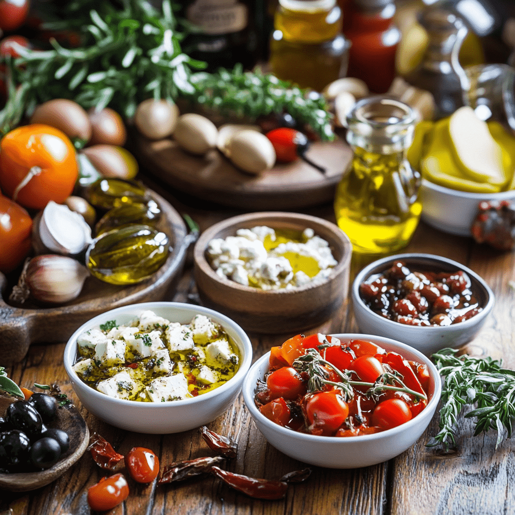 Mediterranean spread with cherry tomatoes, feta cheese, black olives, assorted cheeses, and olive oil on a wooden table.