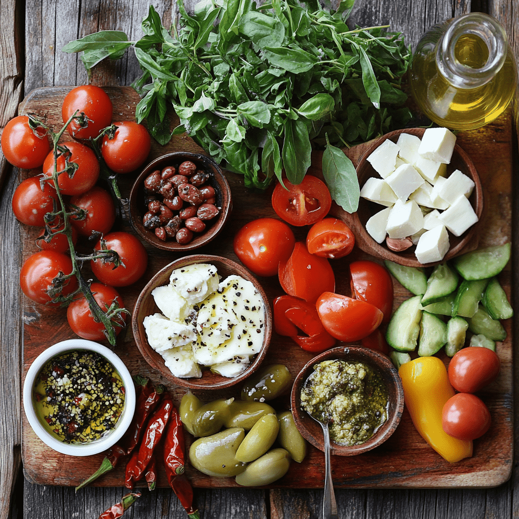 A wooden platter featuring Mediterranean ingredients such as tomatoes, olives, feta cheese, fresh herbs, and olive oil.