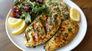 A beautifully plated dish of lemon-herb chicken breasts served with fresh parsley and lemon wedges on a white plate.