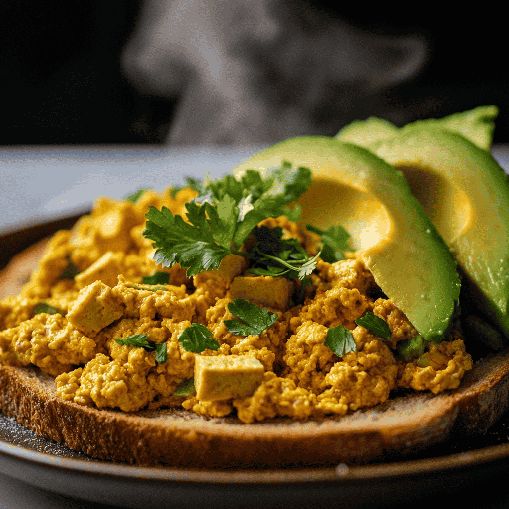 A close-up view of a plate of tofu scramble, served with avocado slices and toast, garnished with parsley, with steam rising for a fresh-cooked look.