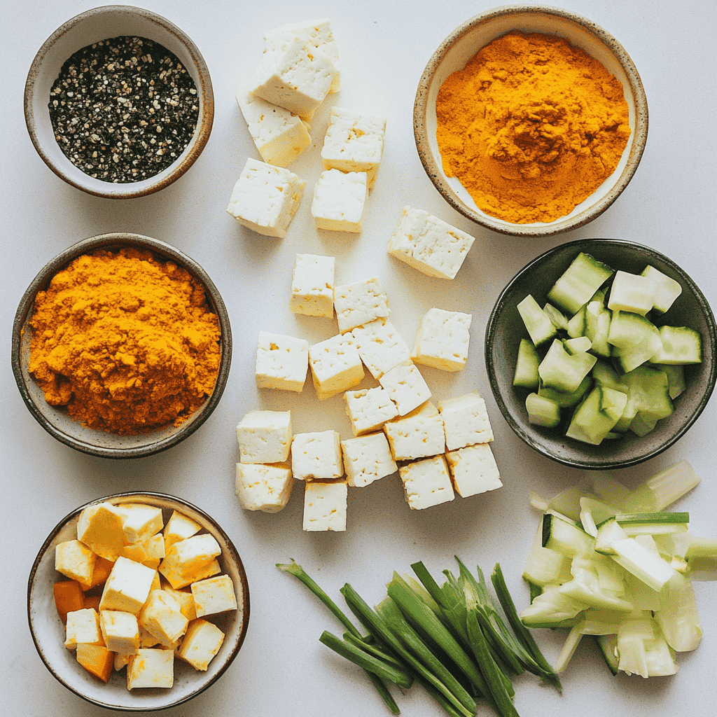 An overhead view of tofu scramble ingredients, including tofu, turmeric, garlic powder, black salt, and chopped vegetables like spinach, bell peppers, and cherry tomatoes, neatly arranged on a white countertop.