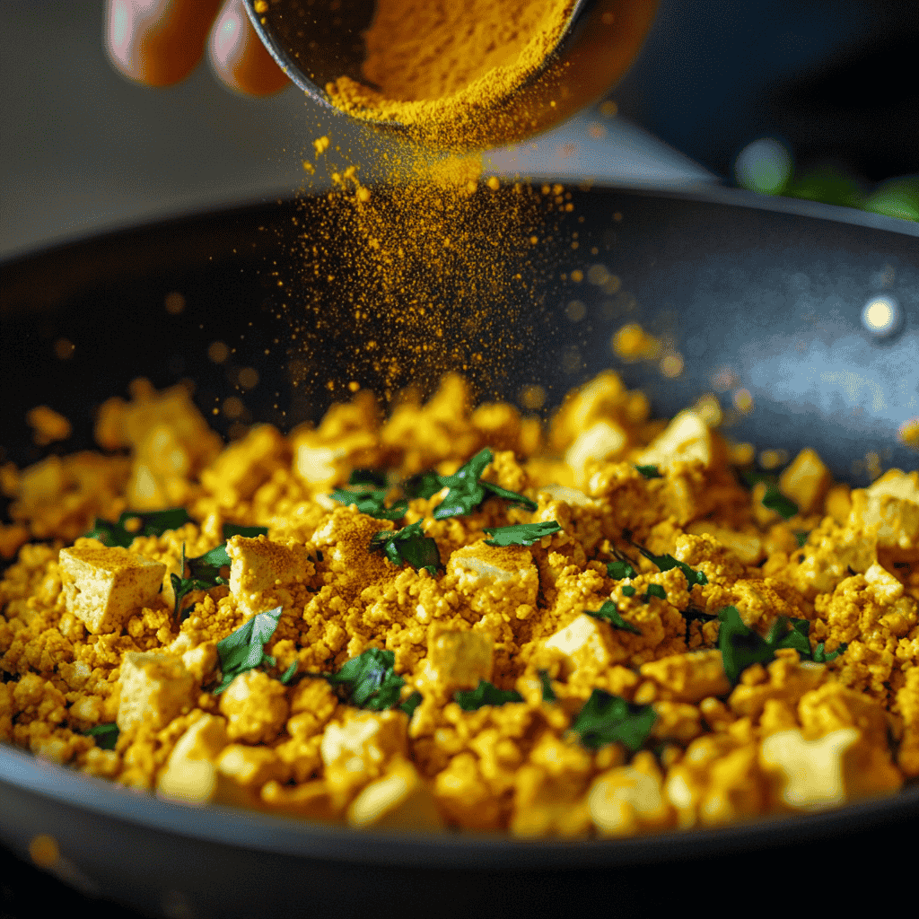 A close-up of turmeric being sprinkled over crumbled tofu in a skillet, with the vibrant yellow color of the tofu and spices highlighted.