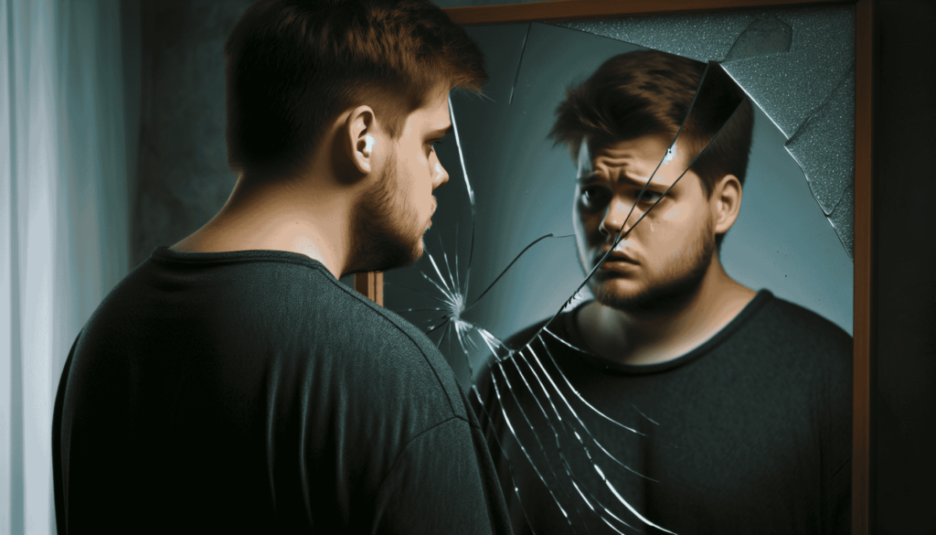 A young man looking at his reflection in a broken mirror, symbolizing the emotional and psychological impact of gynecomastia and body image concerns.