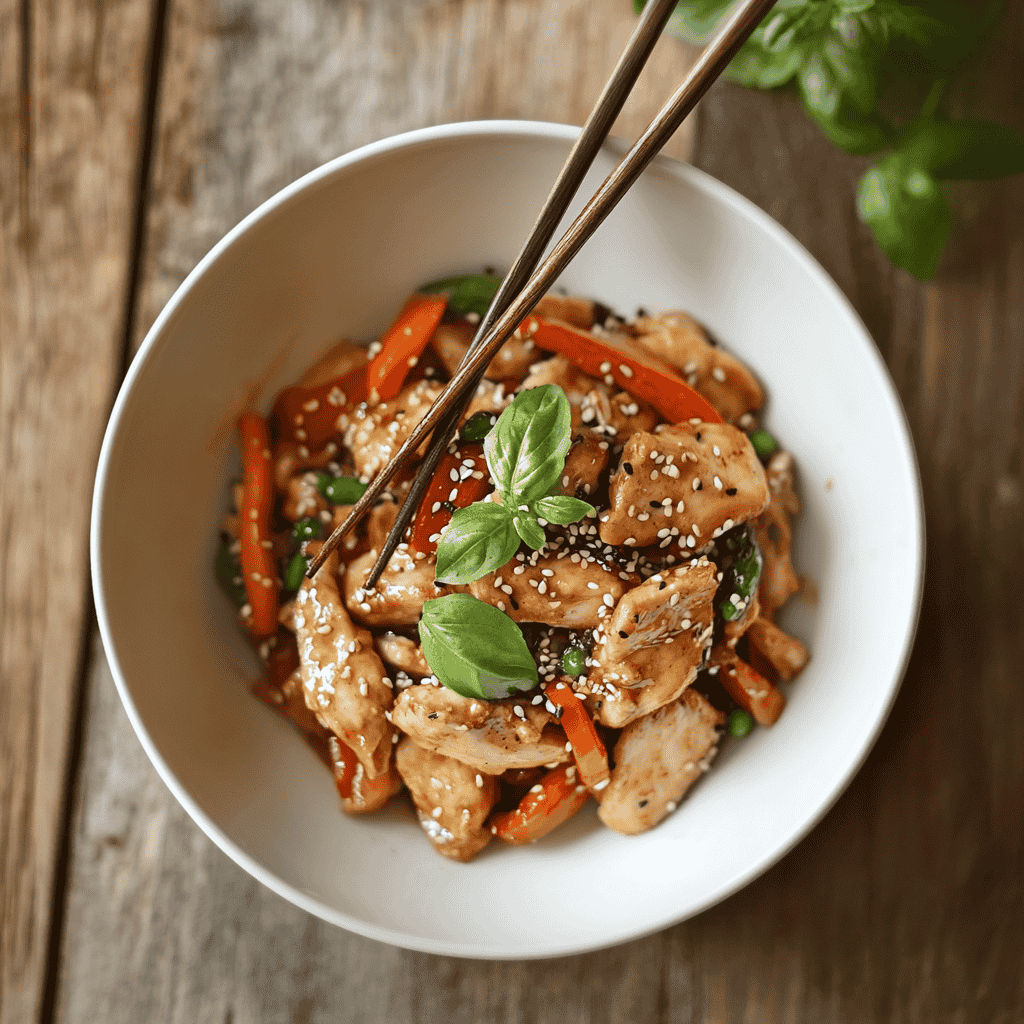 A bowl of chicken stir-fry with rice, garnished with sesame seeds and served with chopsticks.