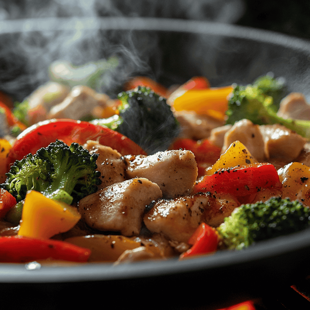 A close-up of vibrant vegetables and chicken cooking in a wok.