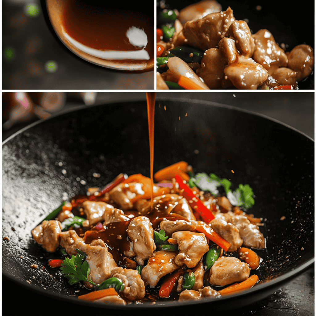 A step-by-step process of making chicken stir-fry, from preparation to final plating.