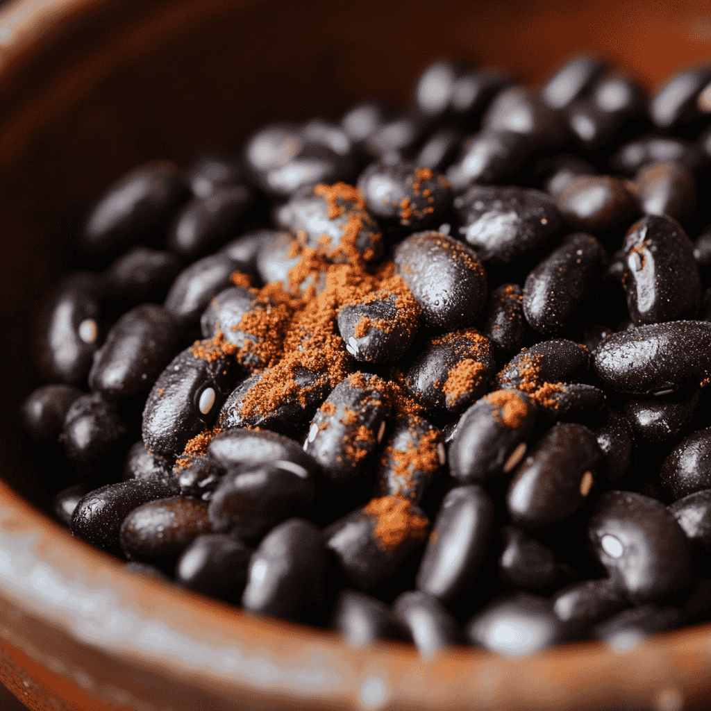 A close-up of black beans with spices, the key ingredients for black bean soup.