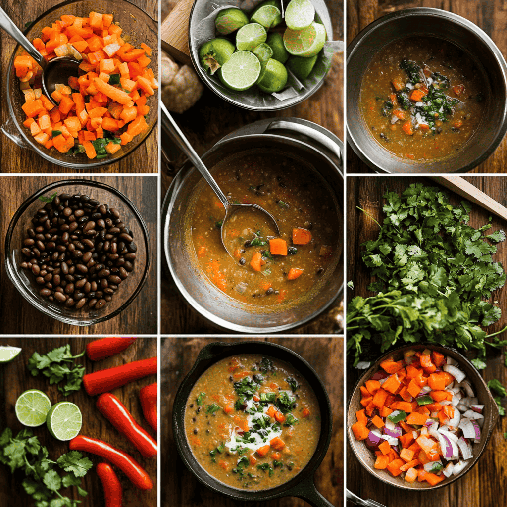 A step-by-step process of making black bean soup, from cooking to blending and serving.