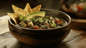 A bowl of black bean soup garnished with avocado, cilantro, and tortilla chips, served on a rustic table.