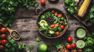 Wide banner image featuring black bean and avocado salad in a rustic bowl surrounded by fresh ingredients, including cherry tomatoes, corn, lime wedges, and cilantro, on a wooden table.