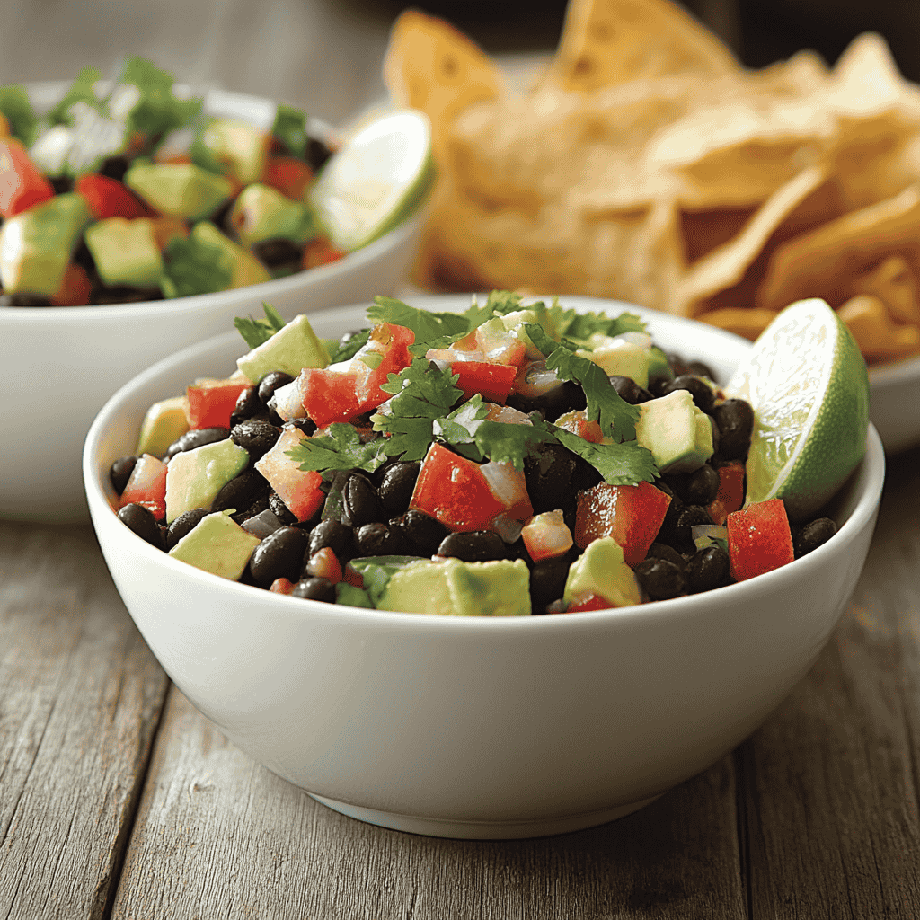 Black bean and avocado salad served in white bowls, garnished with lime wedges and cilantro, accompanied by tortilla chips on a rustic wooden table.