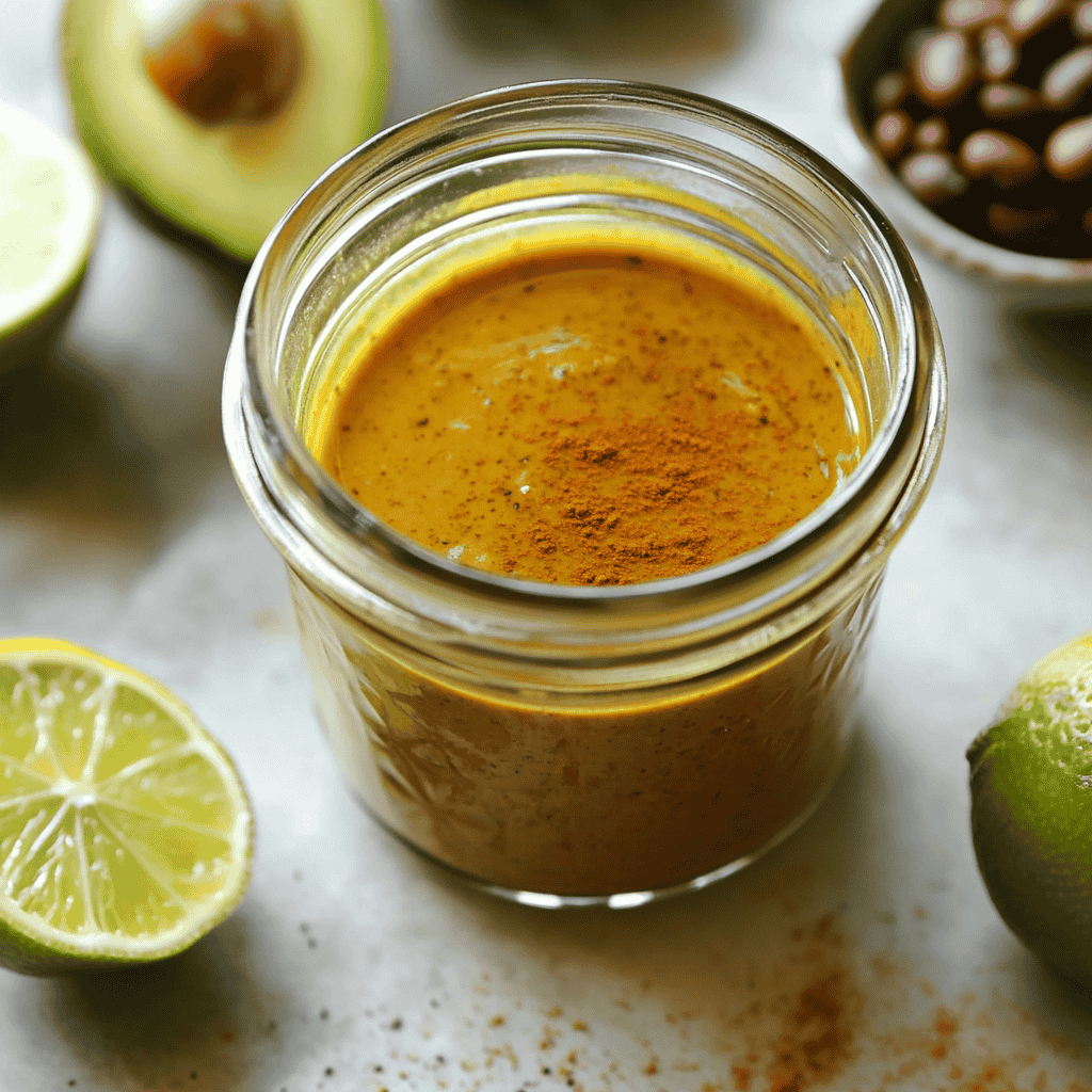 A close-up of lime-cumin dressing in a glass jar, surrounded by fresh limes, cumin powder, and olive oil. Perfect for black bean and avocado salad recipes.