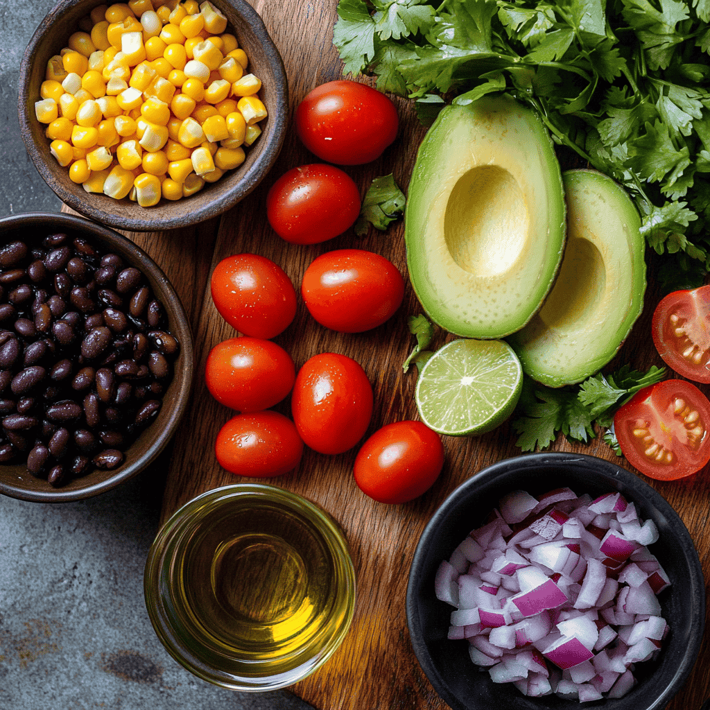 Top-down view of ingredients for black bean and avocado salad, including black beans, avocado, cherry tomatoes, red onion, corn, lime, and olive oil arranged on a wooden board.