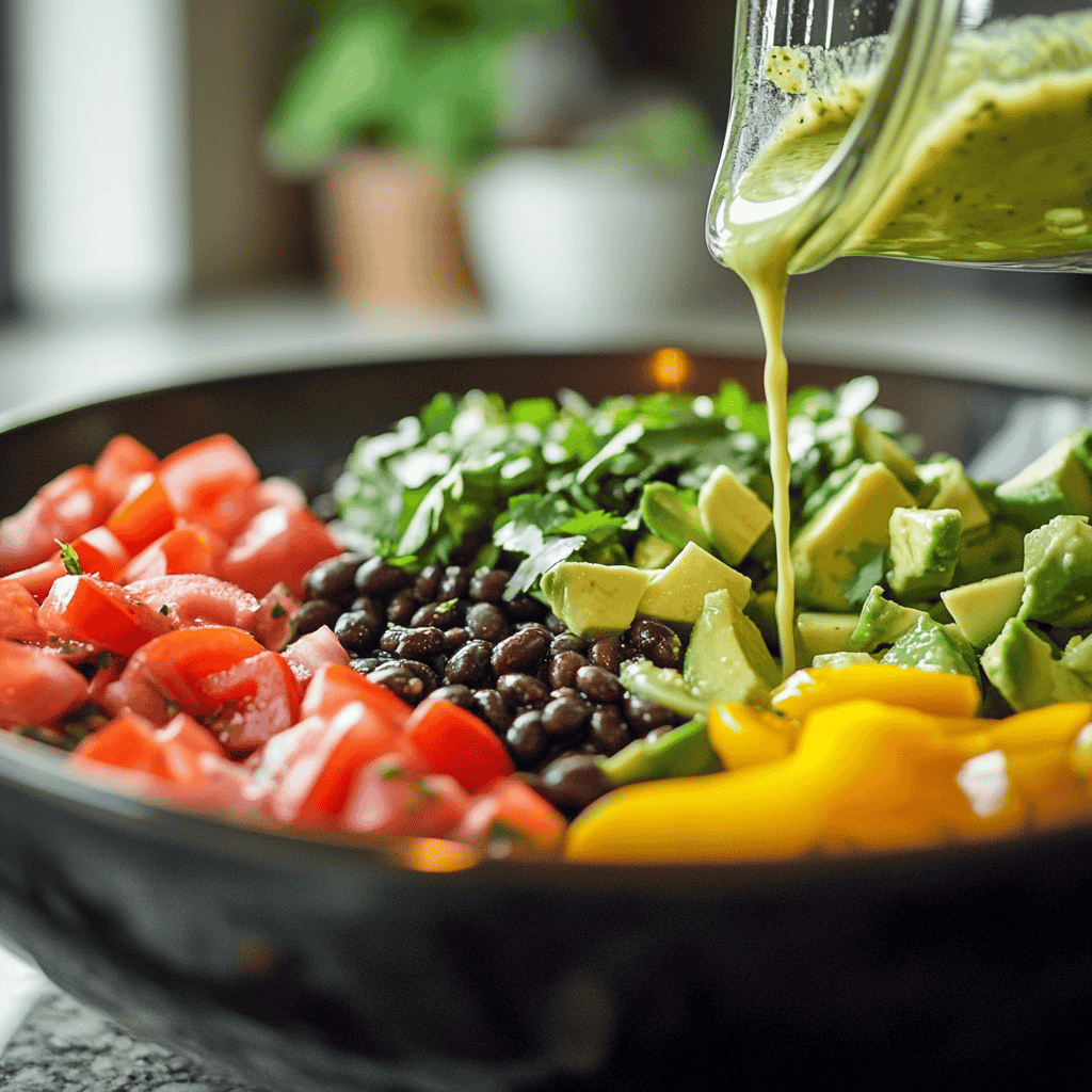 Step-by-step preparation of black bean and avocado salad, showing chopped avocado and cherry tomatoes on a cutting board, a bowl of mixed salad ingredients, and dressing being poured in a bright kitchen setting.