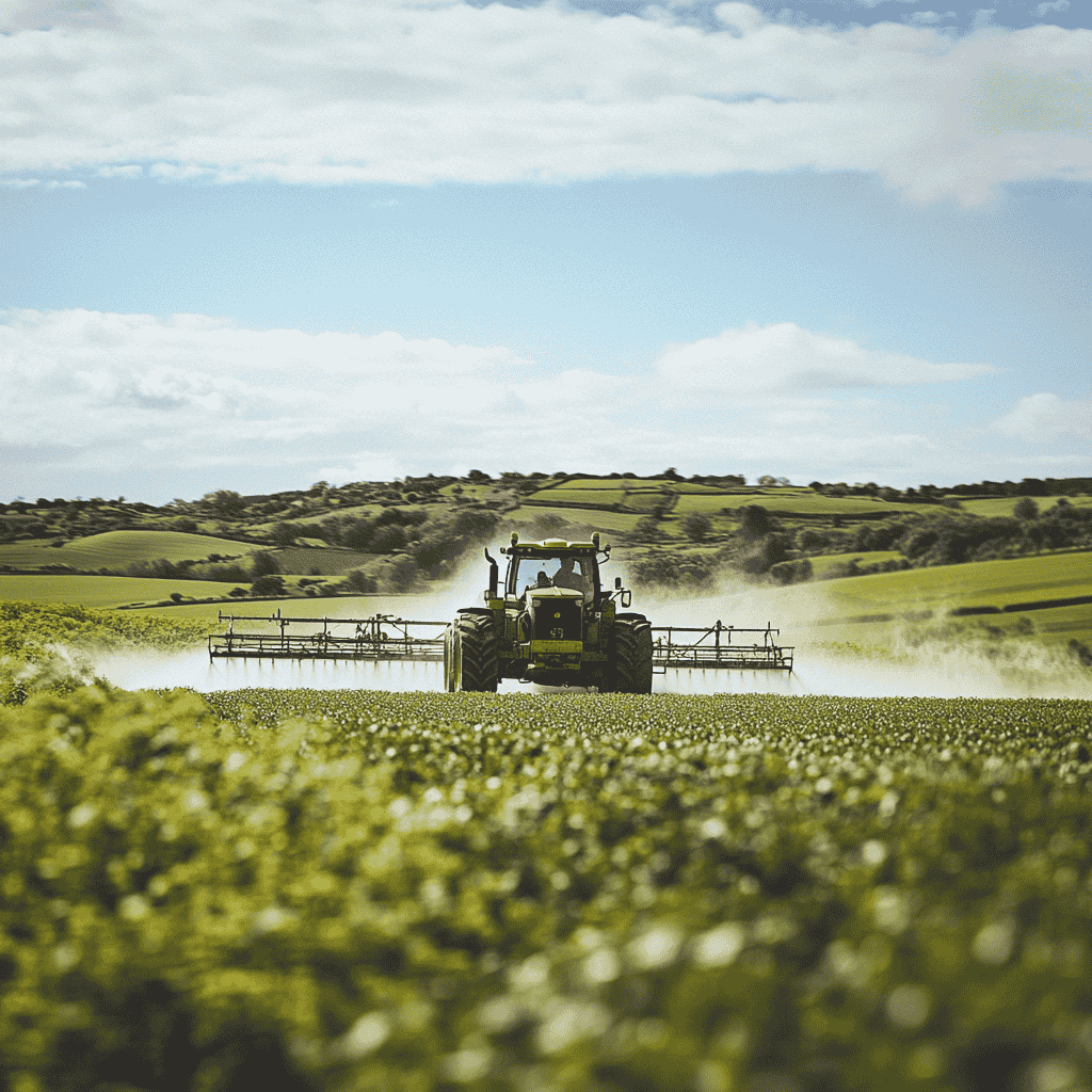 Chemical exposure as pesticides are sprayed, symbolizing prenatal exposure risks.