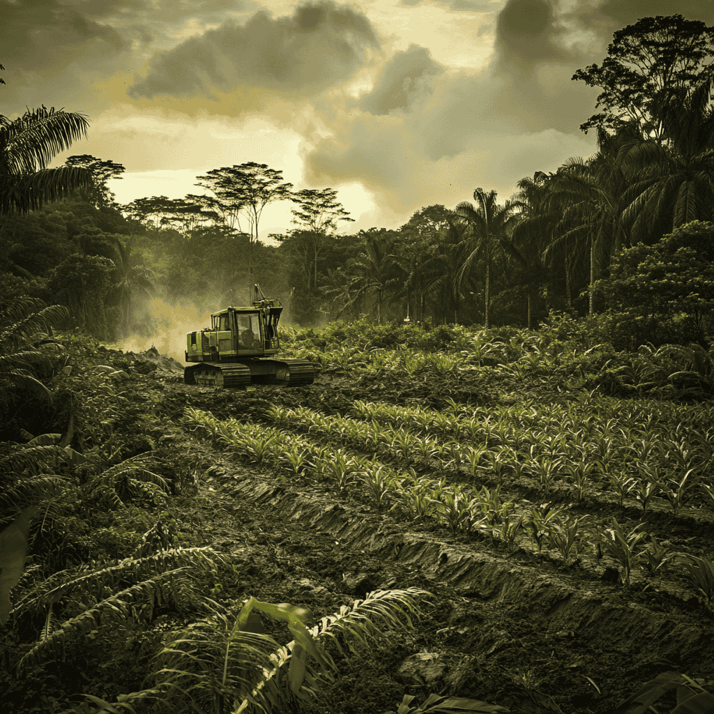 A rainforest being bulldozed for agricultural expansion, illustrating deforestation caused by industrial farming.