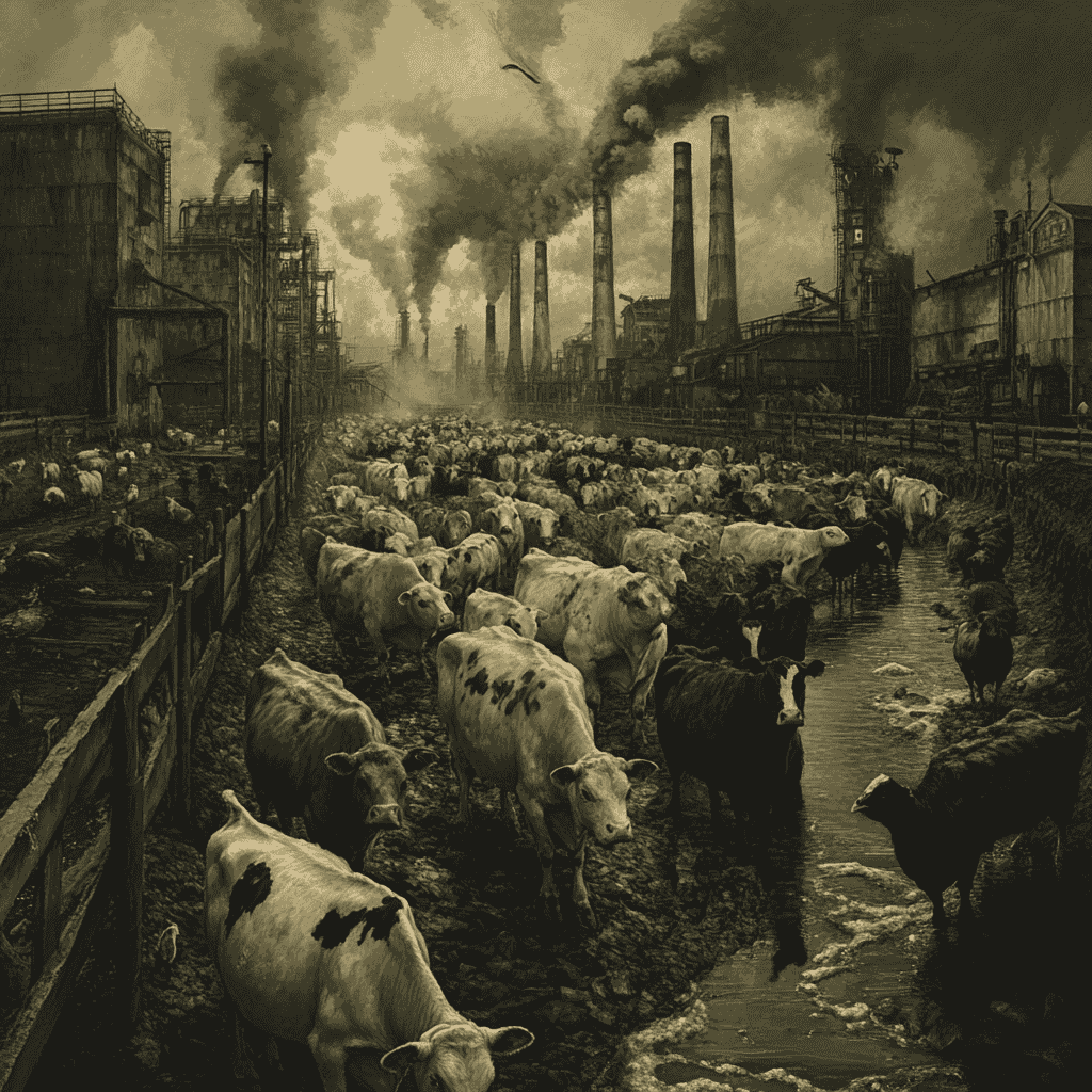 A large factory farm with overcrowded animals and smoke emissions, showing the environmental impact of industrial agriculture.