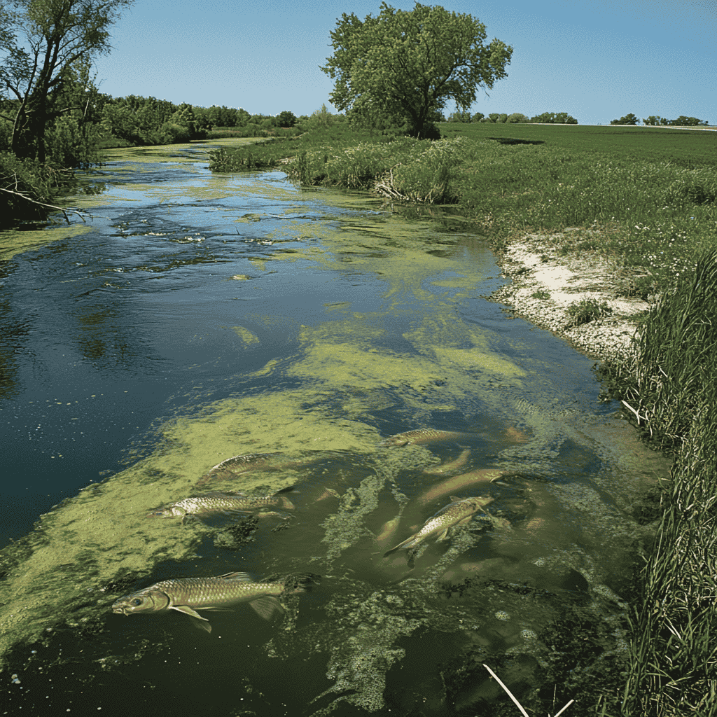 A polluted river with green algae blooms and dead fish, showing the effects of agricultural runoff.