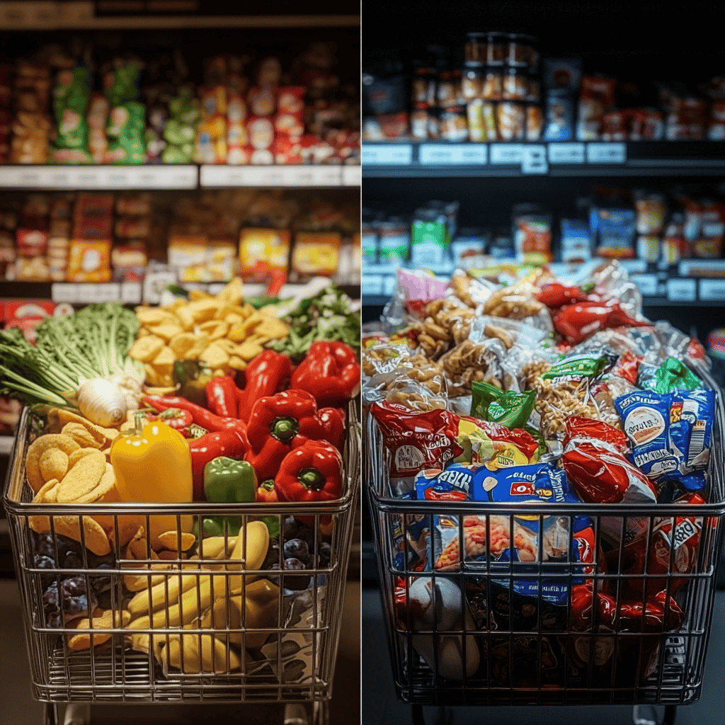 A side-by-side comparison of a grocery cart filled with whole foods versus one loaded with processed snacks.