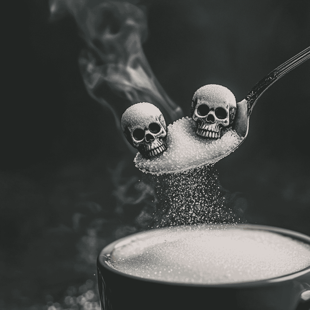 A spoon pouring sugar that turns into skulls, representing the dangers of excess sugar consumption and diabetes.