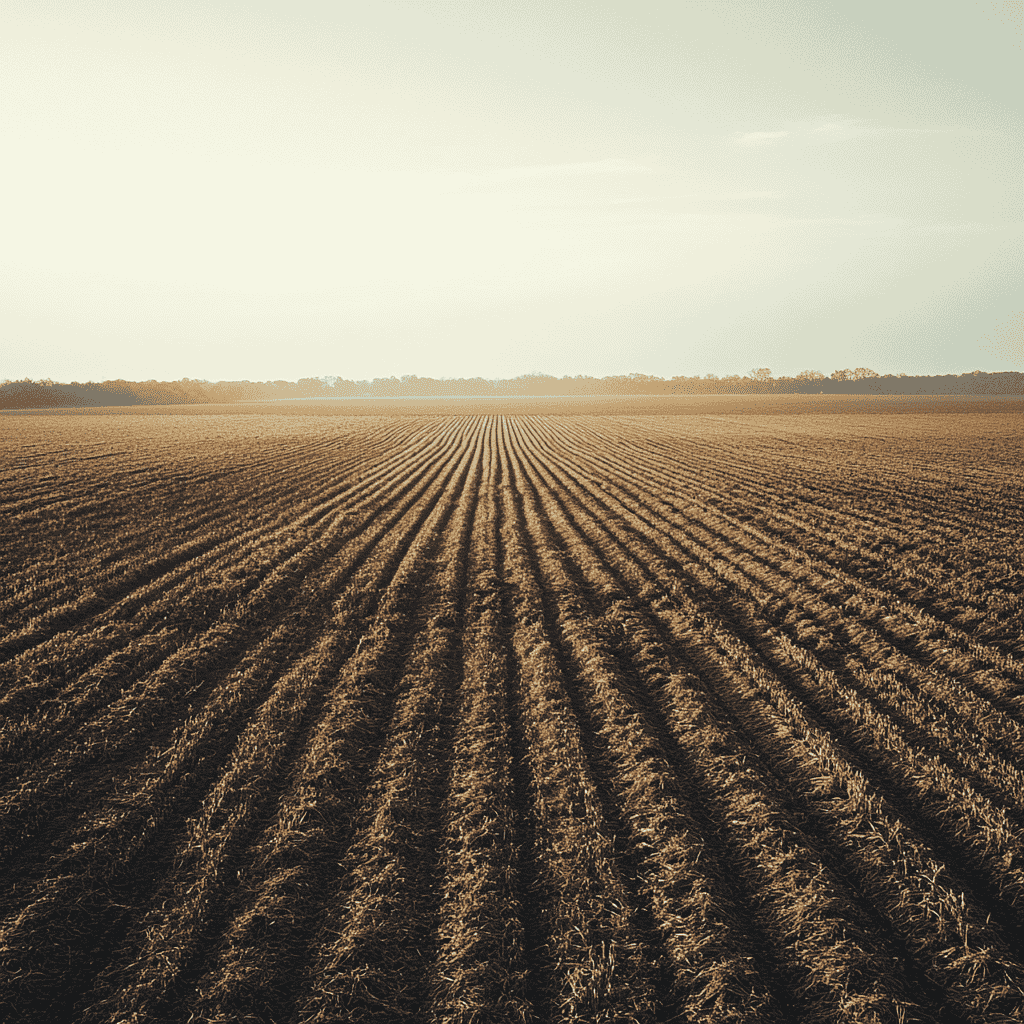 A vast monoculture farm with dry, cracked soil, highlighting biodiversity loss and soil degradation.