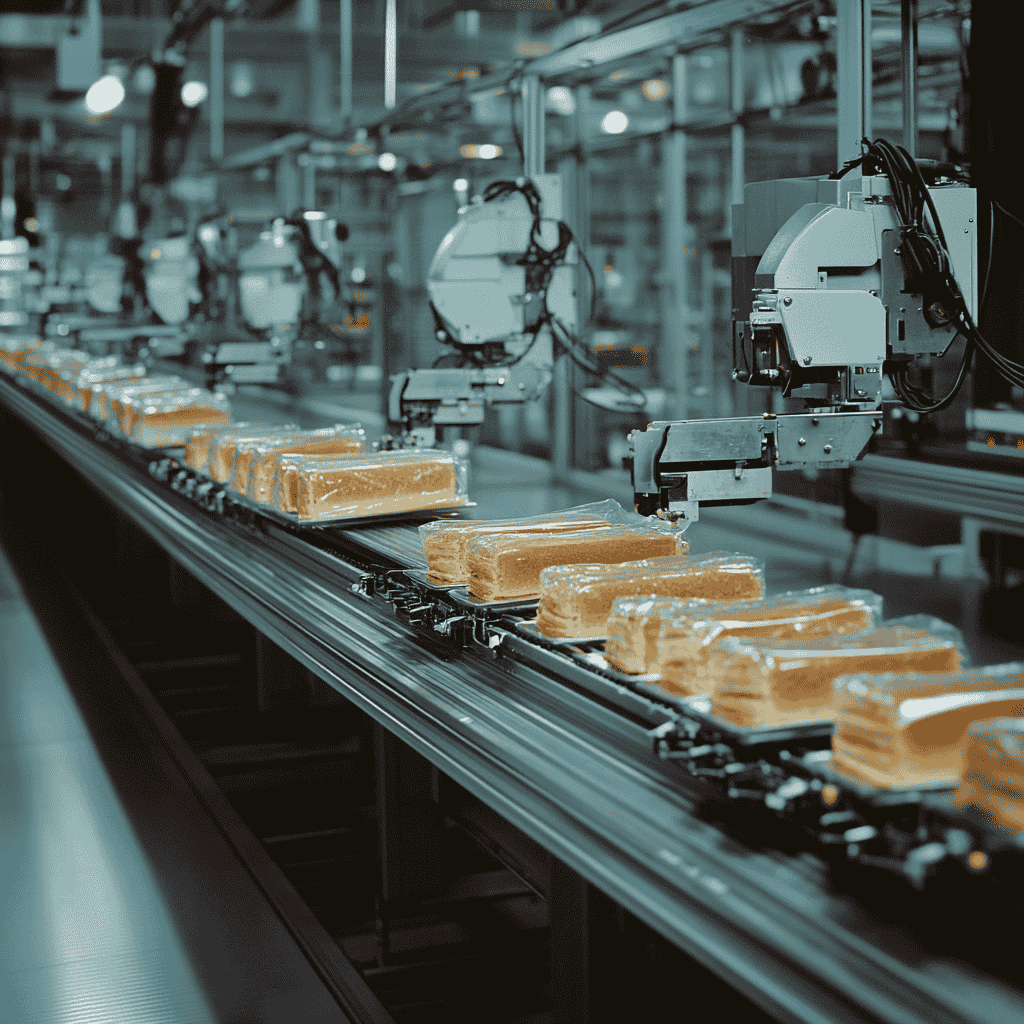 An industrial food factory assembly line producing ultra-processed snacks, highlighting the artificial nature of modern food production.