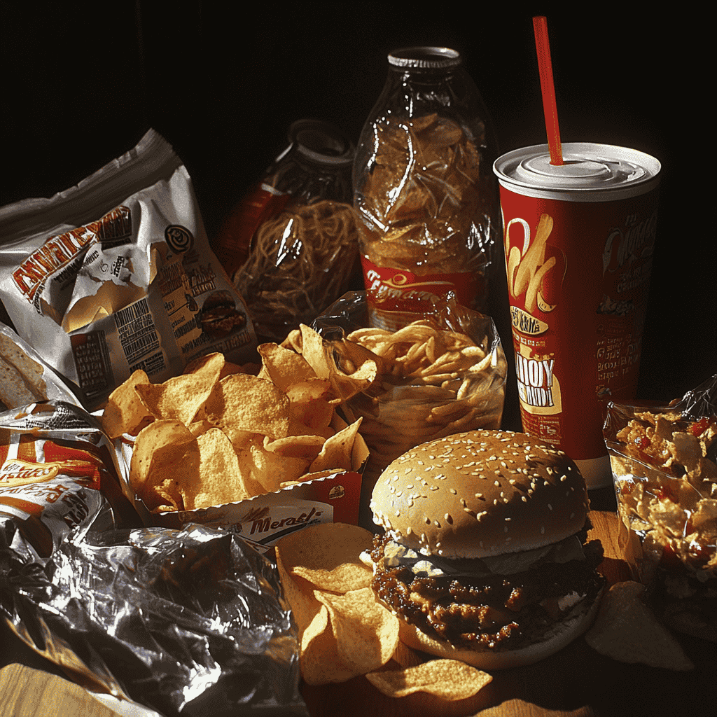 A cluttered table filled with unhealthy processed foods: bags of chips, sugary drinks, fast food burgers, instant noodles, and packaged snacks.