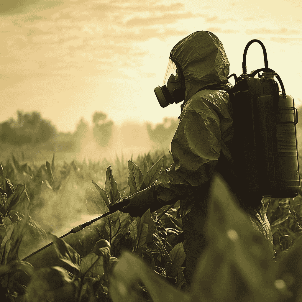 A farmer in protective gear spraying pesticides over crops, illustrating the dangers of chemical farming.