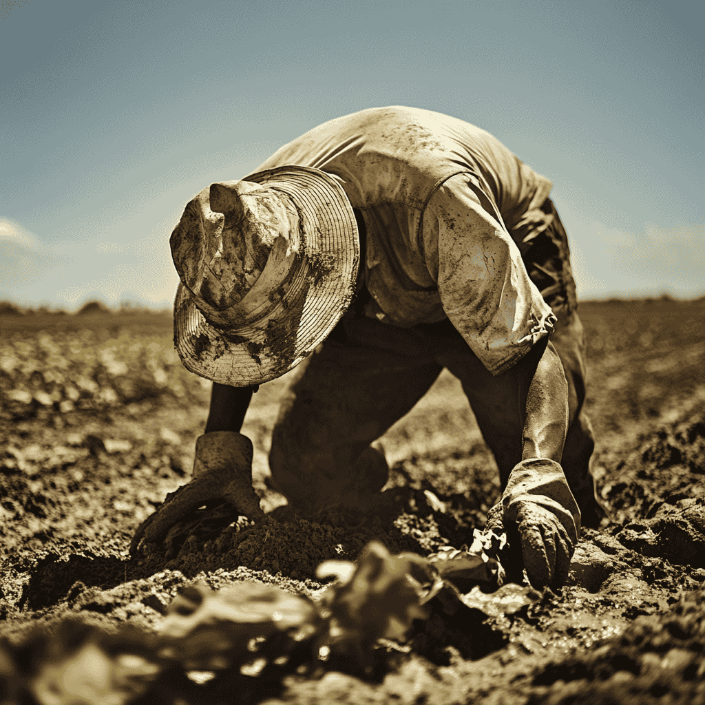 A tired farmworker harvesting crops under harsh sunlight, illustrating labor exploitation in the food industry.