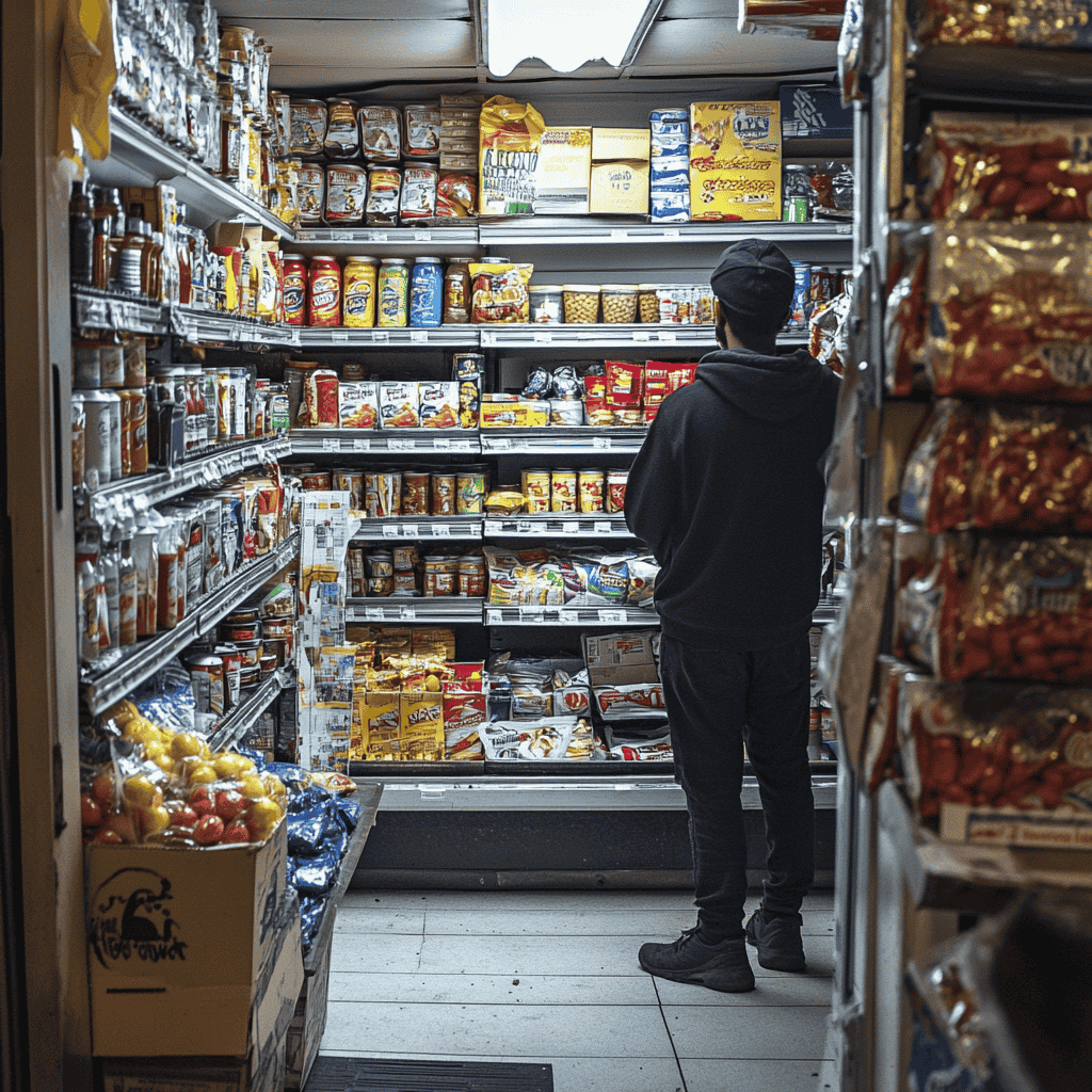 A small convenience store with shelves full of processed snacks and no fresh produce, illustrating food deserts and food insecurity.