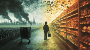 A composite digital illustration of factory farms, monoculture fields, ultra-processed foods, and a child’s silhouette with missing puzzle pieces, symbolizing the interconnected health and environmental crises caused by the toxic food system.