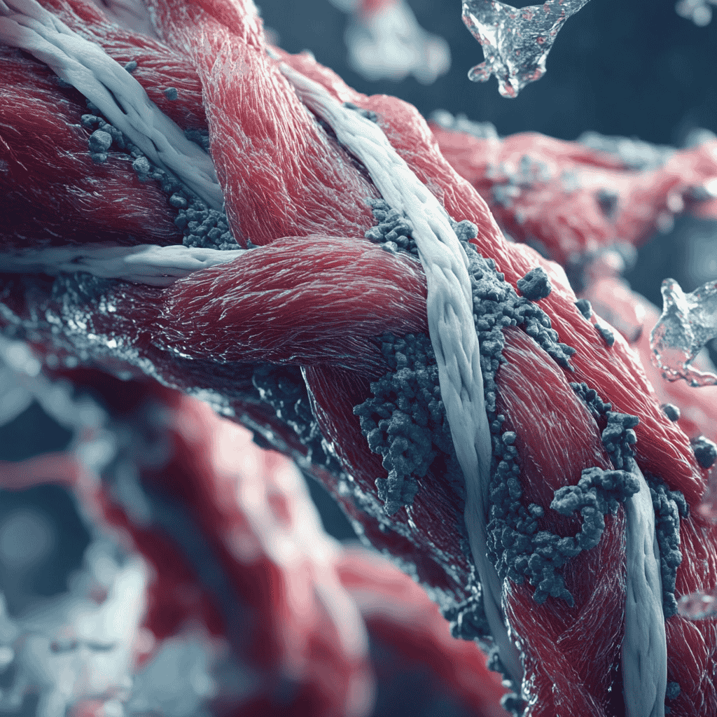 Microscopic view of muscle fibers undergoing hypertrophy, illustrating the breakdown and repair process after strength training.